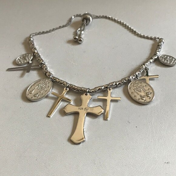 CROSS & MEDALLION CHARM LARIAT BRACELET / 925 STERLING SILVER / 9'' ADJUSTABLE - Picture 5 of 6